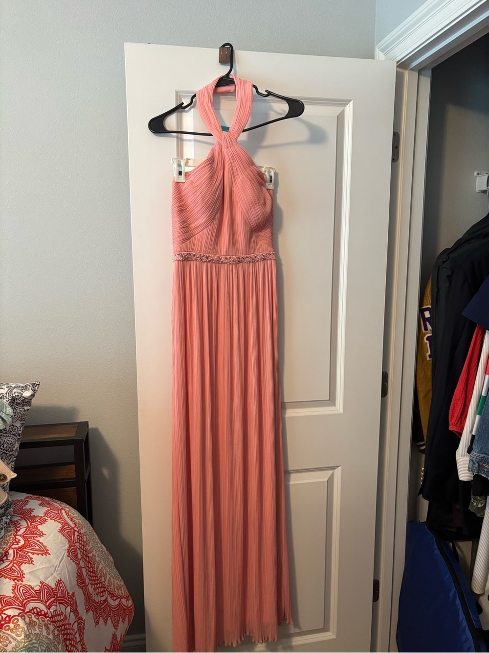 Elegant Coral Halter Evening Dress